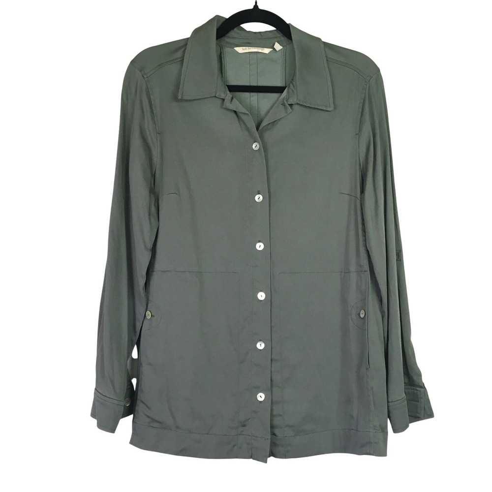 Soft Surroundings Tencel Blend Roll Tab Utility Button Down Shirt S Olive Green